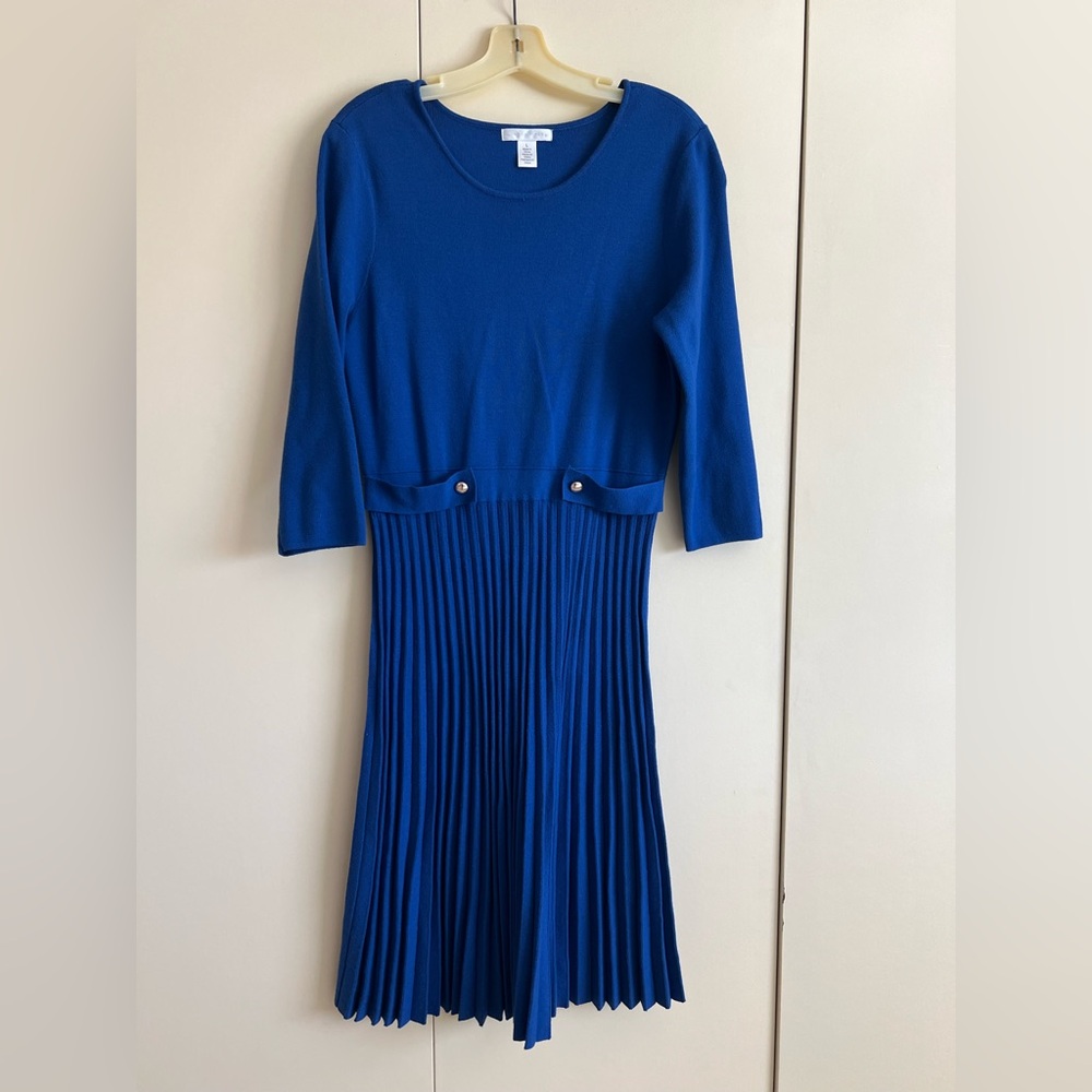 London Times Royal Blue Pleated Long Sleeve Knit Dress